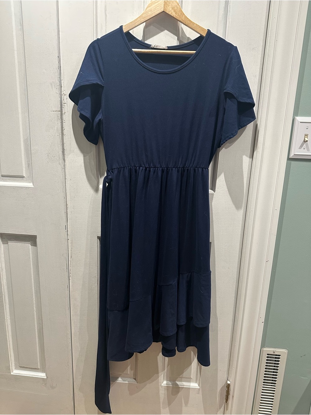 Navy Midi Tiered Short Sleeve Dress Womens Large Casual Wedding School Career